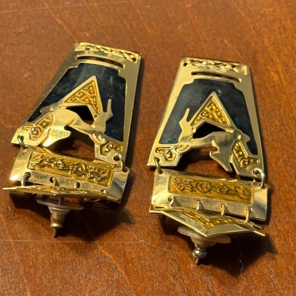 Vintage Edgar Berberi Blue Enamel Inlay and Gold Tone Pierced Earrings - Picture 4 of 8